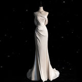 Vintage Mermaid One Shoulder Long White Satin Wedding Dresses HZ1022
