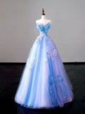 Fairy A line Strapless Blue Prom Dresses Evening Dress HZ1022