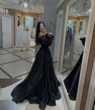 A line Off The Shoulder Long Sleeves Black Slit Prom Dress 21th Birthday Outfits HZ1022