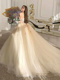 Off the Shoulder Champagne Lace Floral Long Prom Dresses Birthday Outfits HZ1022