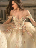 Off the Shoulder Champagne Lace Floral Long Prom Dresses Birthday Outfits HZ1022