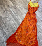Beautiful A line Spaghetti Straps Orange Chiffon Prom Dress With Beads HZ1022