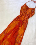 Beautiful A line Spaghetti Straps Orange Chiffon Prom Dress With Beads HZ1022