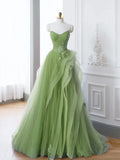 New Arrival A-Line Tulle Lace Green Long Prom Dress, Green lace Long Formal Dress HZ1022
