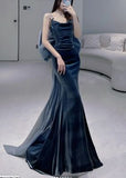 Modest Sheath Strapless Navy Blue Velvet Long Party Dress Prom Dress HZ1022