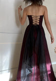 Modest A Line Strapless Burgundy Tulle Beads Long Party Dress Prom Dresses HZ1022