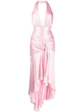 Modest High Low Halter Satin Long Evening Dress Party Dress Formal Dress Pink Prom Dresses HZ1022