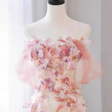 Sexy A Line Off The Shoulder Pink Tulle Floor Length Floral Prom Dresses HZ1022