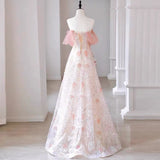 Sexy A Line Off The Shoulder Pink Tulle Floor Length Floral Prom Dresses HZ1022