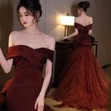 Sexy Mermaid Off The Shoulder Burgundy Tulle Floor Length Floral Prom Dresses HZ1022