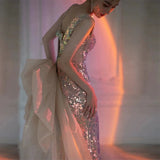 Sexy Mermaid Square Neckline Sequin Floor Length Floral Prom Dresses HZ1022
