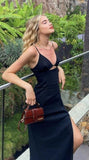 Vintage Sheath Spaghetti Straps Black Long Prom Dresses Party Evening Dress HZ1022