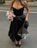 Vintage A Line Straps Black Satin Prom Dresses Party Evening Dress HZ1022