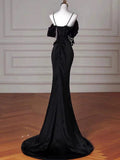 Sexy Mermaid Spaghetti Straps Black Long Formal Dress Satin Prom Dress HZ1022