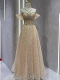 Vintage A Line Straps Champagne Tulle Long Prom Dresses Party Evening Dress HZ1022