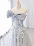 Vintage A Line Strapless Light Sky Blue Tulle Long Prom Dresses Party Evening Dress HZ1022