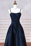 A-line Navy Blue Satin Straps Long Formal Dress Navy Blue Prom Dress HZ1022