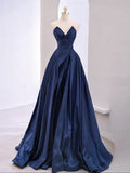Vintage A-Line V Neck Satin Dark Blue Long Prom Dress, Blue Long Formal Dress HZ1022