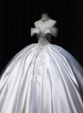 Elegant French Long Sleeve Satin Shiny Beaded Bow Floor-Length Wedding Dress HZ1022
