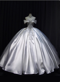 Retro Palace Style Off-shoulder Satin Beaded Floor-length Wedding Dress HZ1022