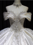 Elegant French Long Sleeve Satin Shiny Beaded Bow Floor-Length Wedding Dress HZ1022