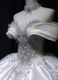 Retro Palace Style Off-shoulder Satin Beaded Floor-length Wedding Dress HZ1022