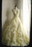 Soft light yellow floral beaded halter neck layered pleated puffy wedding dress HZ1022