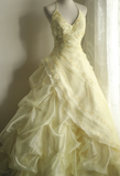 Soft light yellow floral beaded halter neck layered pleated puffy wedding dress HZ1022
