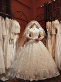 Vintage leg of mutton sleeve rose flower hand-embroidered lace heavy beaded floor-length wedding dress HZ1022