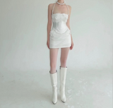 Heavy Industry Bow Pearl Fishbone Halter Neck White Birthday Party Homecoming Dress HZ1022