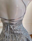 Shiny Silver Grey Sequin Halter Neck Tie Back Mini Birthday Party Homecoming Dress HZ1022