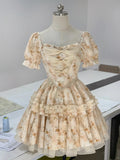Sweet Floral Short Sleeve Mini Birthday Party Homecoming Dress HZ1022