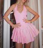 French Pink Girl Halter Neck Mini Birthday Party Homecoming Dress HZ1022