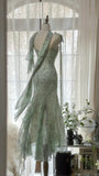 Flowy Light Green Strap Mermaid Chiffon Beaded Prom Dress HZ1022