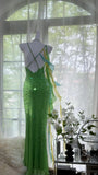 Shiny Full Beaded Heavy Green Mermaid Backless Evening Gown Prom Dress HZ1022