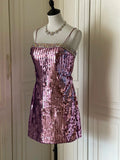 Sparkling Spaghetti Strap Purple Sequin Slim Fit Mini Birthday Party Homecoming Dress HZ1022