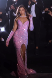 Gorgeous Pink Sleeveless Split Front Mermaid Prom Dress With Glitter Birthday Outfits HZ1022
