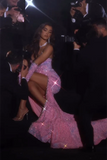 Gorgeous Pink Sleeveless Split Front Mermaid Prom Dress With Glitter Birthday Outfits HZ1022