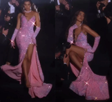 Gorgeous Pink Sleeveless Split Front Mermaid Prom Dress With Glitter Birthday Outfits HZ1022
