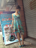 Vintage Chiffon Strapless Blue Print Homecoming Dress HZ1022