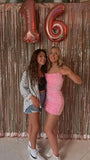 Cute Pink Sequined Tube Top With Back Straps And Hip Wrap 17th Birthday Homecoming Dress HZ1022
