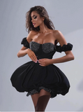 17th Birthday One Shoulder Black Puffy Rhinestone Homecoming Dress HZ1022