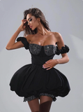 17th Birthday One Shoulder Black Puffy Rhinestone Homecoming Dress HZ1022