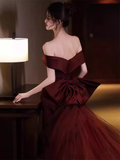 Mermaid Off Shoulder Evening Dress with Bow Burgundy Prom Dress HZ1022