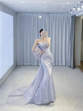 Glitter Princess Sequin Prom Dress Blue Gray Long Evening Dress HZ1022