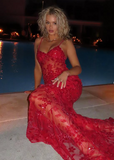 Beautiful Spaghetti Straps Birthday Party Dresses Red Lace Prom Dresses HZ1022