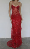Beautiful Spaghetti Straps Birthday Party Dresses Red Lace Prom Dresses HZ1022
