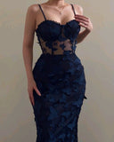 Vintage Mermaid Straps Birthday Party Dresses Navy Blue Lace Prom Dresses HZ1022