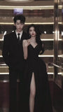 Sexy Mermaid Straps Black Party Dresses Slit Long Prom Dresses HZ1022