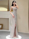Simple Mermaid Sequin Party Dresses Long Slit Prom Dresses HZ1022